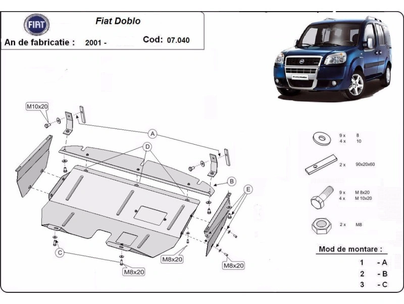 Bunnplate stål Fiat Doblo 2001 - 2010 | Motordeksel - Beskyttelse deksel under motor – bilde 2