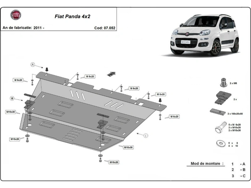 Bunnplate stål Fiat Panda 4x2 2011 - 2023 | Motordeksel - Beskyttelse deksel under motor – bilde 2