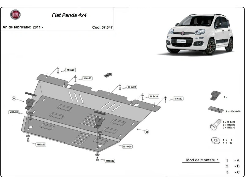 Bunnplate stål Fiat Panda 4x4 2011 - 2023 | Motordeksel - Beskyttelse deksel under motor – bilde 2
