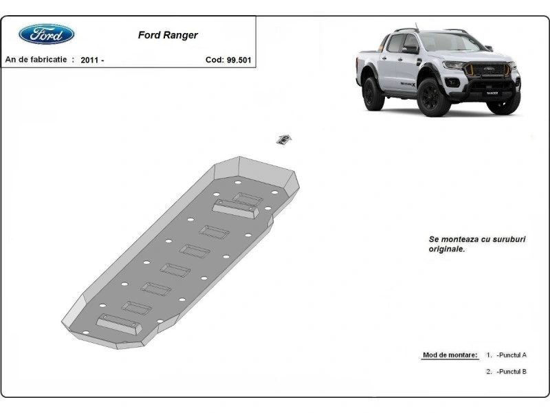 Bunnplate stål Ford Ranger 2011 -> / Vw Amarok 2022 -> | Drivstofftankdeksel - Beskyttelse deksel under dieseltank
