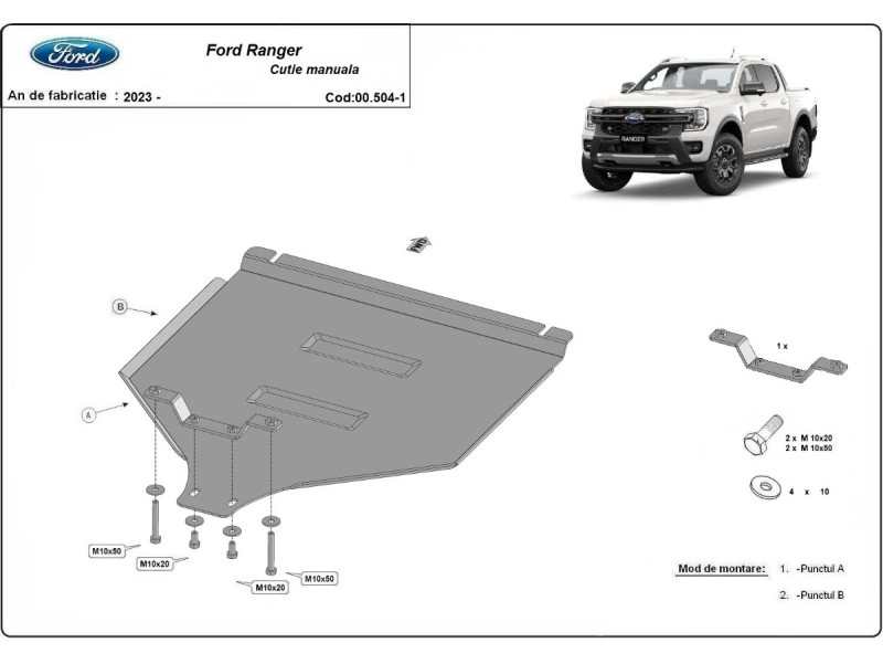 Bunnplate stål Ford Ranger 2023 ->  / VW Amarok II 2022 -> | Girkassedeksel for manuell girkasse - Beskyttelse deksel under girkasse