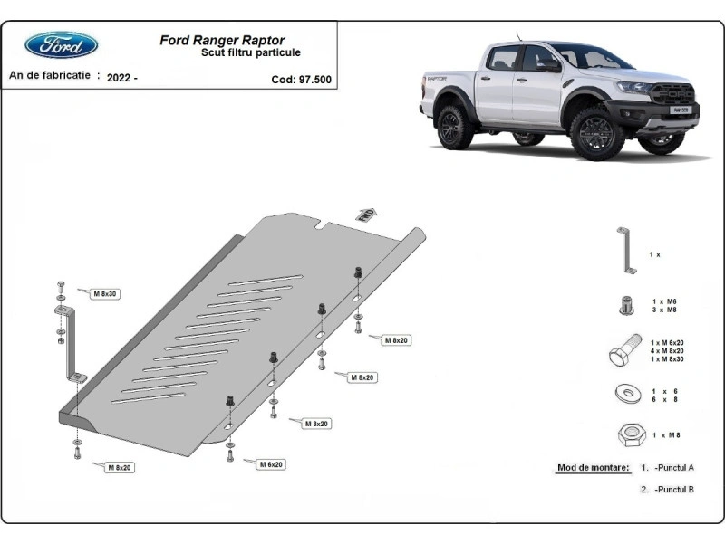 Bunnplate stål Ford Ranger Raptor 2020 - 2023 | Bunnplate stålbeskyttelse for DPF dieselpartikkelfilter