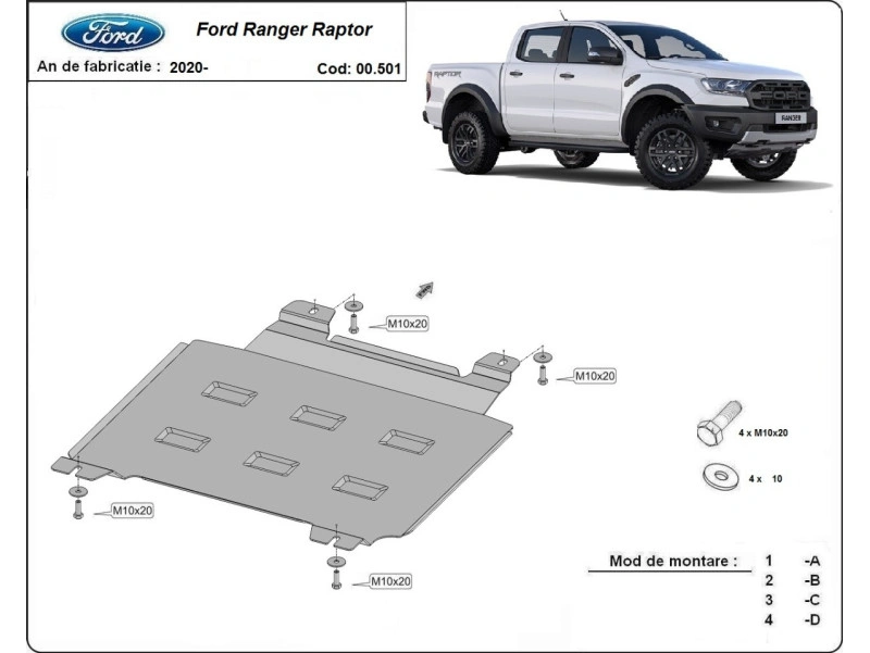 Bunnplate stål Ford Ranger Raptor 2020 - 2023 | Girkassedeksel - Beskyttelse deksel under girkasse
