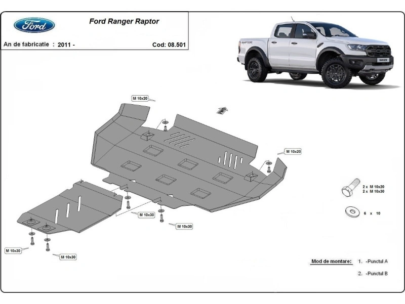 Bunnplate stål Ford Ranger Raptor 2020 - 2023 | Motordeksel - Beskyttelse deksel under motor