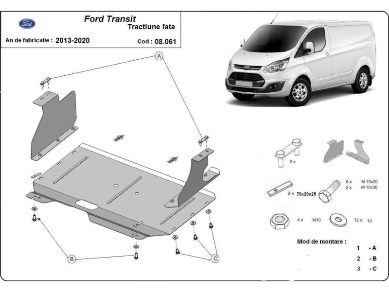 Bunnplate stål Ford Transit 2013 - 2020 / Ford Transit Custom I 2012 - 2023 | Motordeksel - Beskyttelse deksel under motor – bilde 2