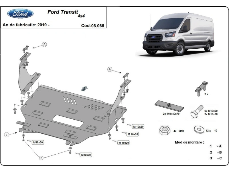 Bunnplate stål Ford Transit 4x4 2019 - 2024 | Motordeksel - Beskyttelse deksel under motor