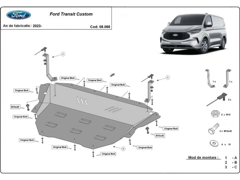 Bunnplate stål Ford Transit Custom 2023 -> / Vw Transporter T7 2024 -> | Motordeksel - Beskyttelse deksel under motor – bilde 2