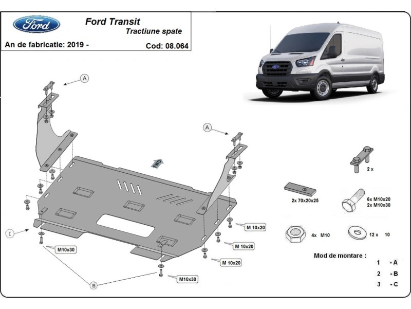 Bunnplate stål Ford Transit RWD 2019 - 2023 | Motordeksel - Beskyttelse deksel under motor
