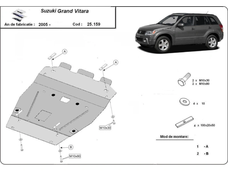 Bunnplate stål Grand Vitara 2 2005 - 2019 | Motordeksel - Beskyttelse deksel under motor