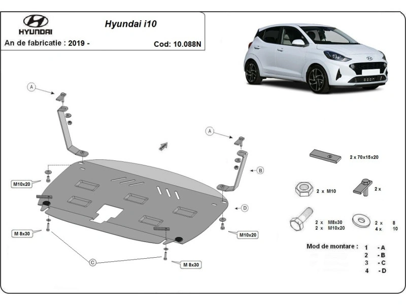Bunnplate stål Hyundai i10 2019 -> | Motordeksel - Beskyttelse deksel under motor