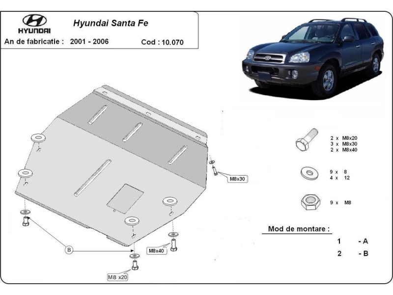 Bunnplate stål Hyundai Santa Fe 2001 - 2006 | Motordeksel - Beskyttelse deksel under motor – bilde 2