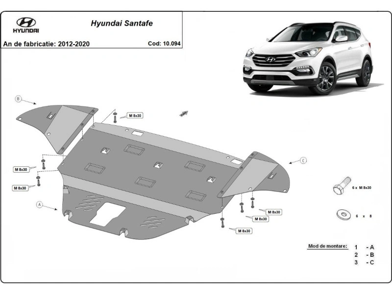 Bunnplate stål Hyundai Santa Fe III 2012 - 2018 | Motordeksel - Beskyttelse deksel under motor