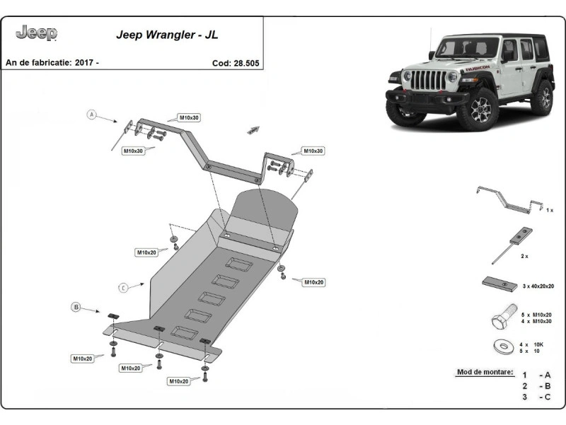 Bunnplate stål Jeep Wrangler JL 2017 -> │ Motordeksel - Beskyttelse deksel under motor – bilde 2