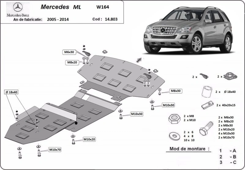 Bunnplate stål Mercedes-Benz ML (W164) 2005 - 2011 │ Motordeksel - Beskyttelse deksel under motor + girkasse – bilde 2