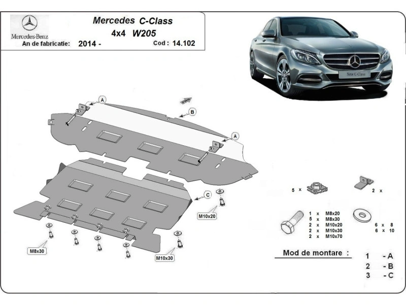 Bunnplate stål Mercedes C-Klasse W205 4x4 2014 - 2021 | Motordeksel - Beskyttelse deksel under motor – bilde 2