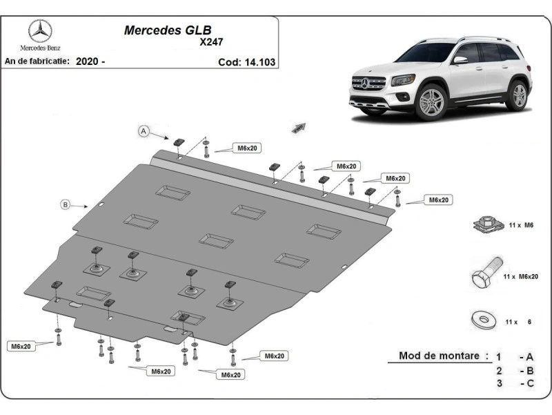 Bunnplate stål Mercedes GLB X247 2019 - 2026 |  Motordeksel - Beskyttelse deksel under motor