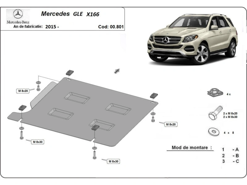 Bunnplate stål Mercedes GLE X166 2015 - 2019 | Girkassedeksel - Beskyttelse deksel under girkasse