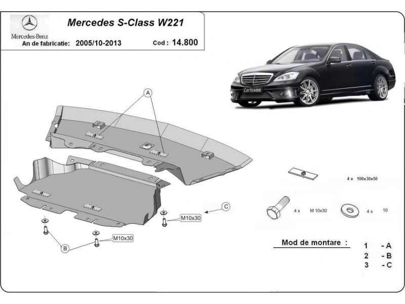 Bunnplate stål Mercedes S-Klasse W221 4x2 2005 - 2013 | Motordeksel - Beskyttelse deksel under motor