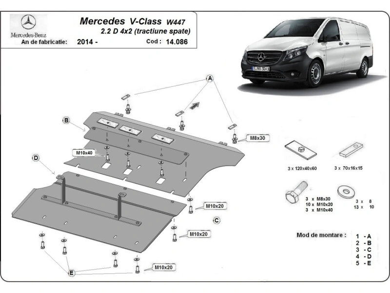 Bunnplate stål Mercedes V-Klasse W447 4x2 2014 -> | Motordeksel - Beskyttelse deksel under motor – bilde 2