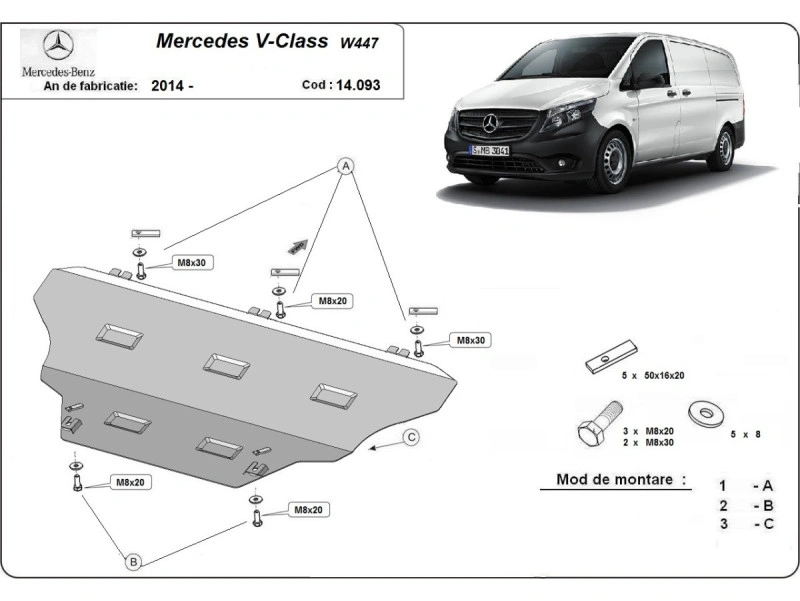 Bunnplate stål Mercedes V-Klasse W447 4x2 2014 -> | Motordeksel - Beskyttelse deksel under motor – bilde 2