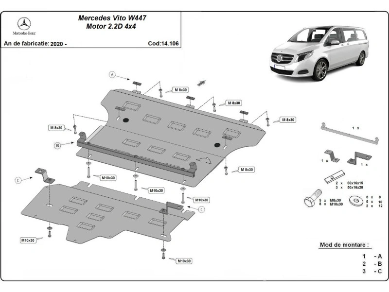 Bunnplate stål Mercedes Vito / V-Klasse W447 4x4 2020 - 2025 | Motordeksel - Beskyttelse deksel under motor