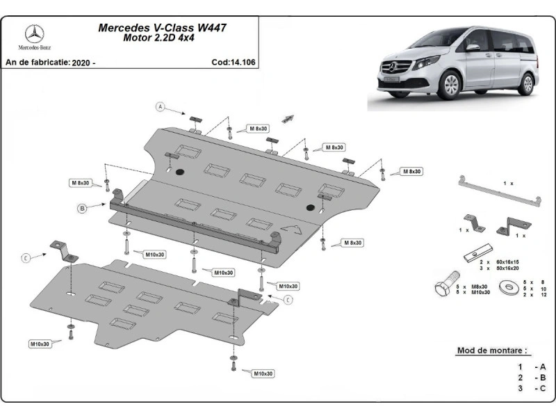 Bunnplate stål Mercedes Vito / V-Klasse W447 4x4 2020 - 2025 | Motordeksel - Beskyttelse deksel under motor – bilde 2
