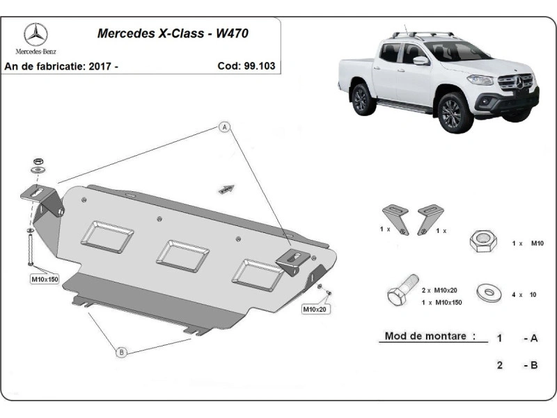 Bunnplate stål Mercedes X-Class 2017 - 2020 | Radiatordeksel - Beskyttelse deksel under radiator