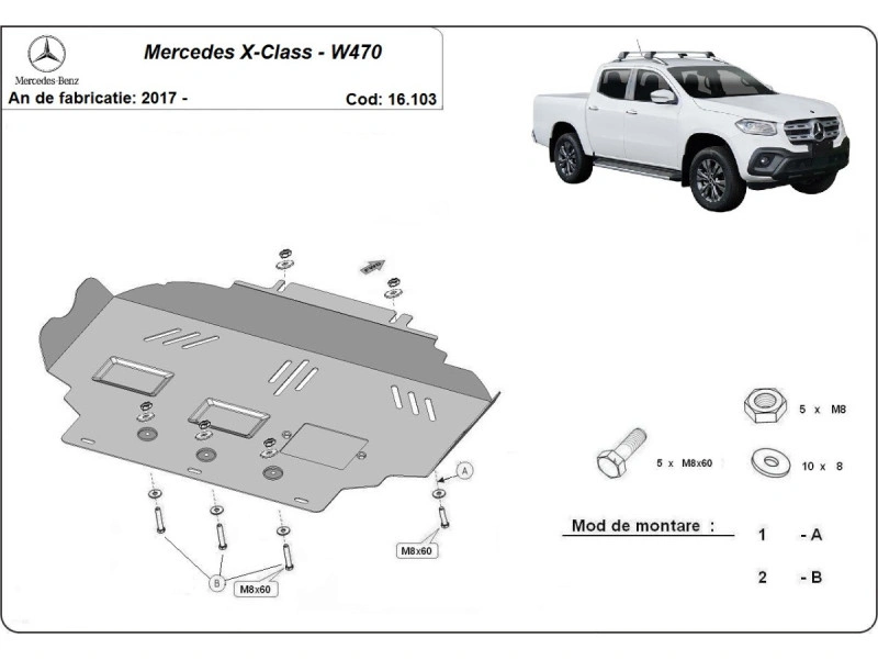 Bunnplate stål Mercedes X-Klasse 2017 - 2020 | Motordeksel - Beskyttelse deksel under motor – bilde 2