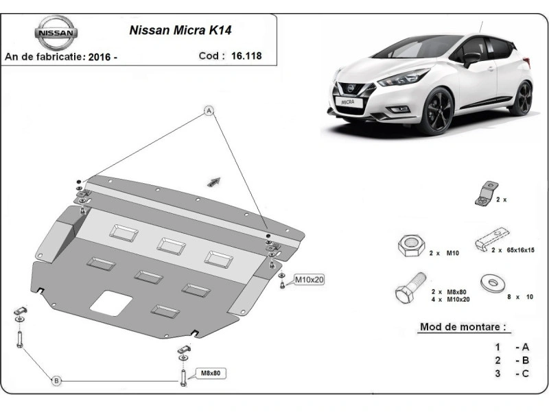 Bunnplate stål Nissan Micra 2016 -> |  Motordeksel - Beskyttelse deksel under motor – bilde 2