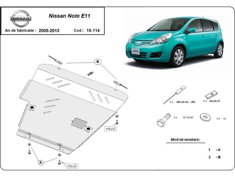 Bunnplate stål Nissan Note 2007 - 2013 | Motordeksel - Beskyttelse deksel under motor