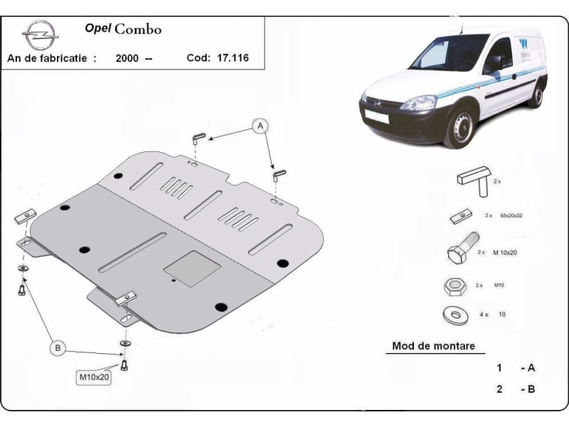 Bunnplate stål Opel Combo / Corsa  / Meriva / Tigra | Motordeksel - Beskyttelse deksel under motor Image 2