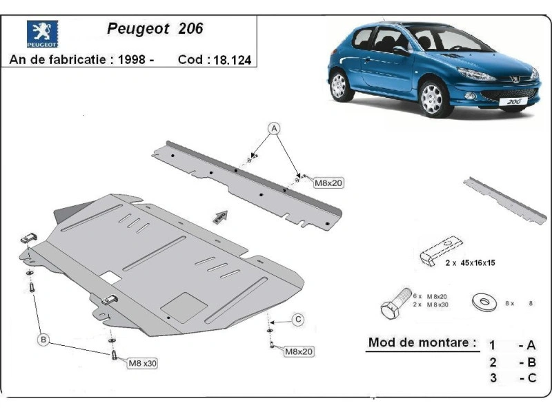 Bunnplate stål Peugeot 206 1998 - 2012 | Motordeksel - Beskyttelse deksel under motor – bilde 2