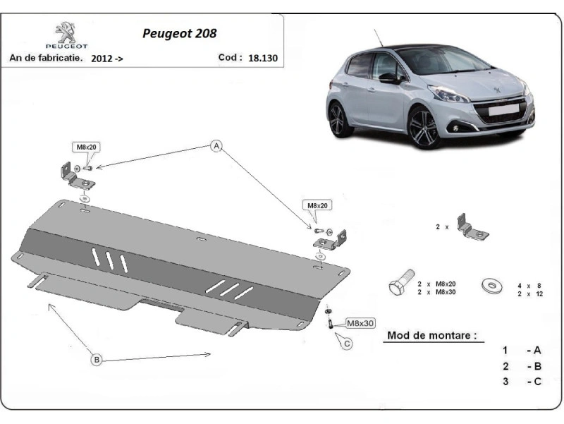 Bunnplate stål Peugeot 208 2012 - 2019 | Motordeksel - Beskyttelse deksel under motor