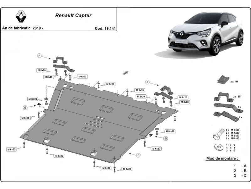 Bunnplate stål Renault Captur 2019 -> | Motordeksel - Beskyttelse deksel under motor