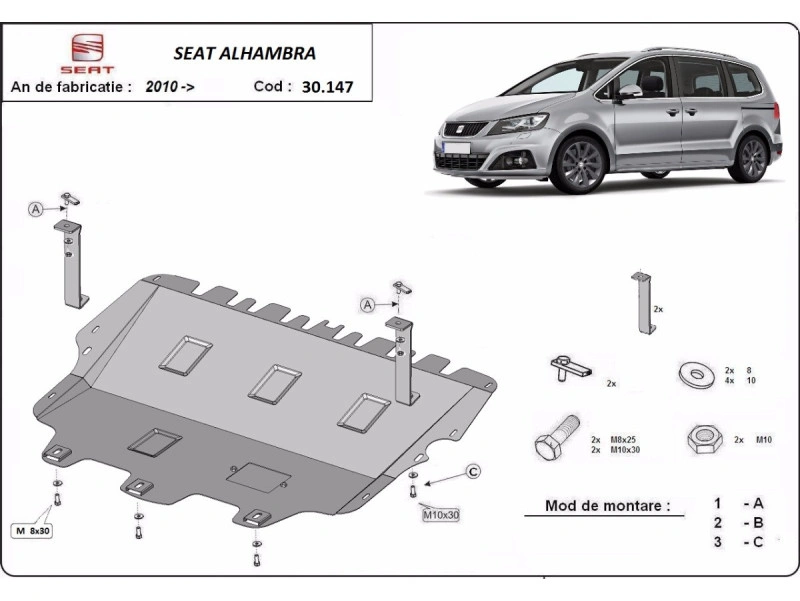 Bunnplate stål Seat Alhambra 2010 - 2020 / Vw Sharan 2010 - 2022 | Motordeksel - Beskyttelse deksel under motor – bilde 2