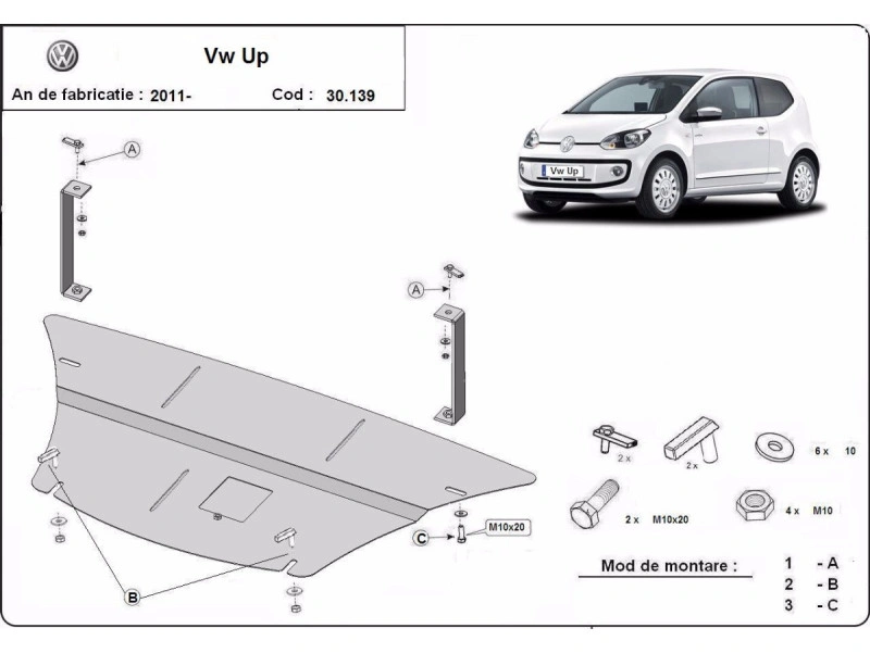 Bunnplate stål Seat Mii 2011 - 2021 / Skoda Citigo 2011 - 2020 / VW Up 2011 - 2023 | Motordeksel - Beskyttelse deksel under motor – bilde 2