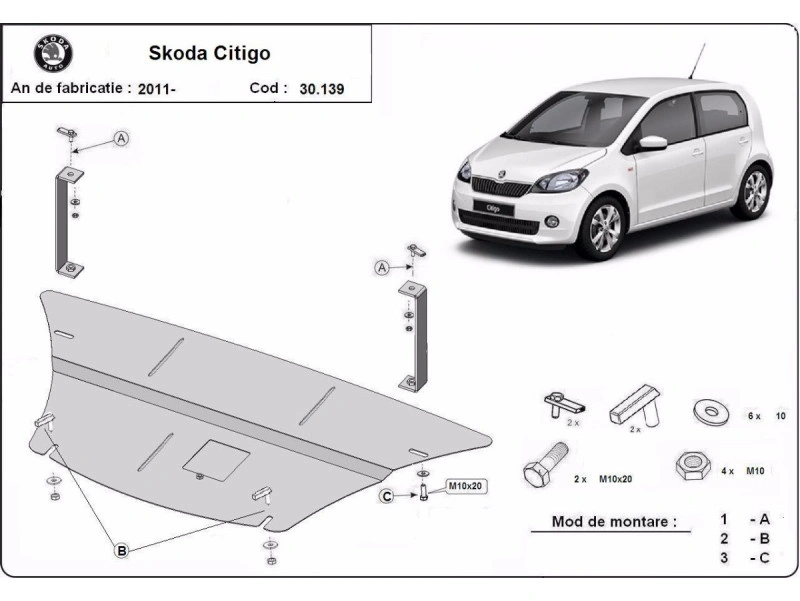 Bunnplate stål Seat Mii 2011 - 2021 / Skoda Citigo 2011 - 2020 / VW Up 2011 - 2023 | Motordeksel - Beskyttelse deksel under motor – bilde 3