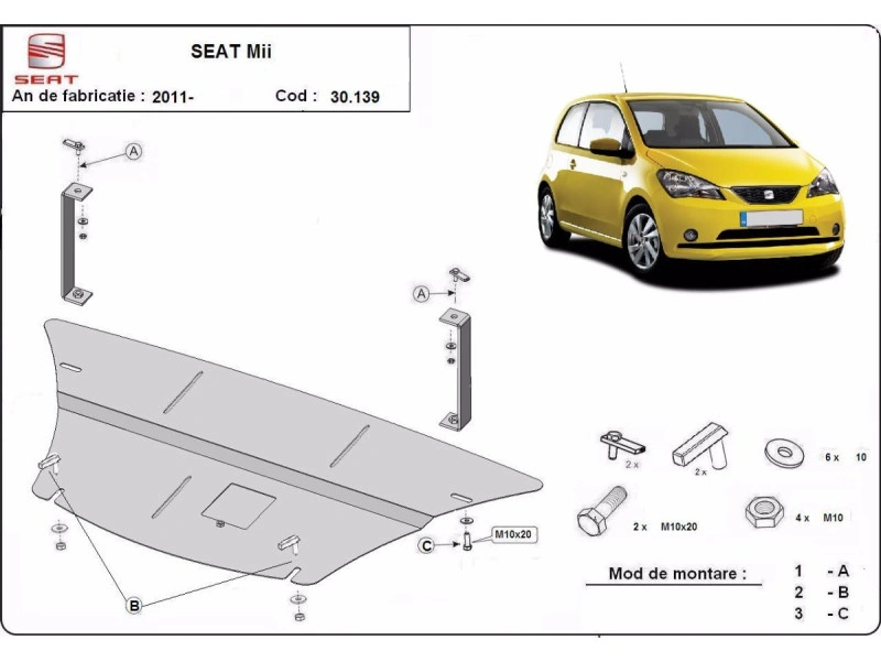 Bunnplate stål Seat Mii 2011 - 2021 / Skoda Citigo 2011 - 2020 / VW Up 2011 - 2023 | Motordeksel - Beskyttelse deksel under motor – bilde 4