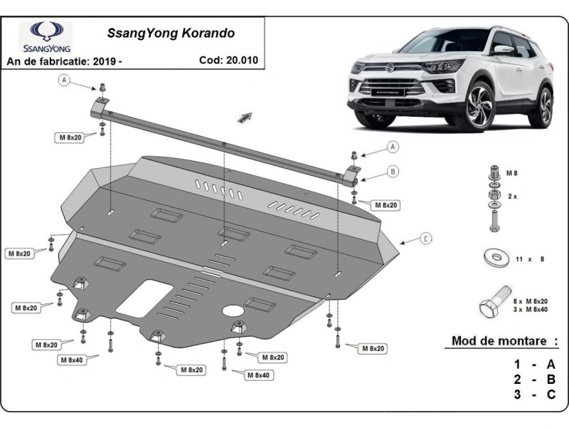 Bunnplate stål SsangYong Korando 2019 -> |  Motordeksel - Beskyttelse deksel under motor
