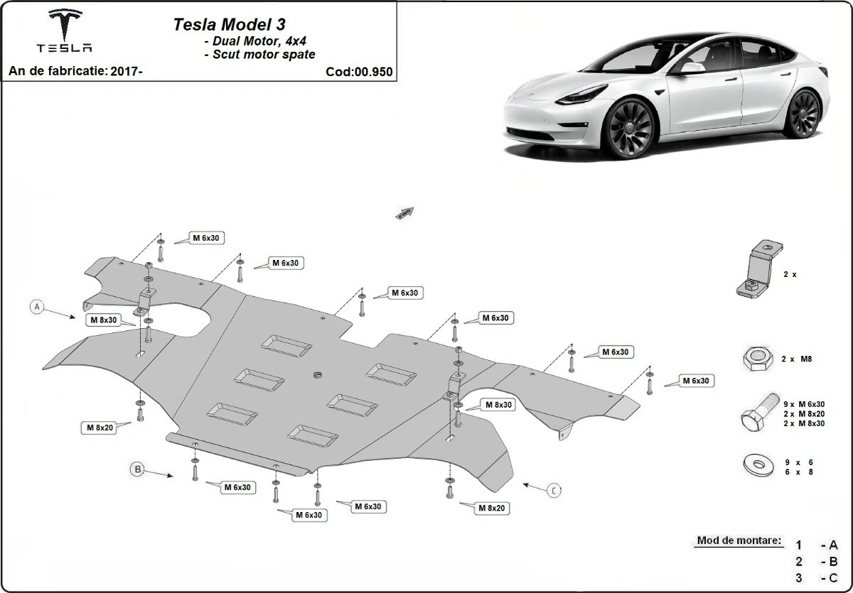 Bunnplate stål Tesla Model 3 2017 -> / Tesla Model Y 2020 - 2025 │ Elektrisk motor bak - AWD Beskyttelse deksel under elmotor Image 2