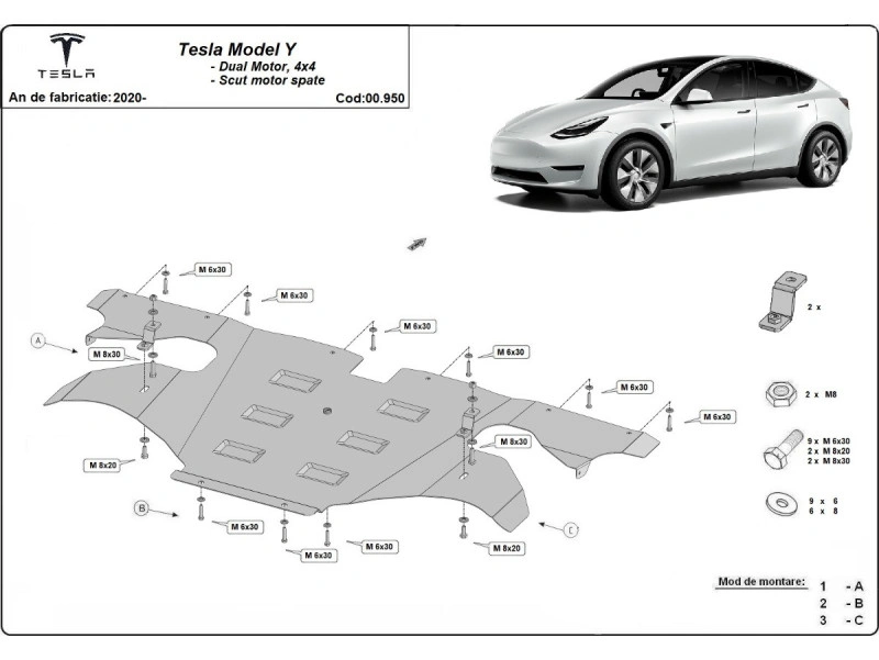 Bunnplate stål Tesla Model 3 2017 -> / Tesla Model Y 2020 - 2025 │ Elektrisk motor bak - AWD Beskyttelse deksel under elmotor Image 6