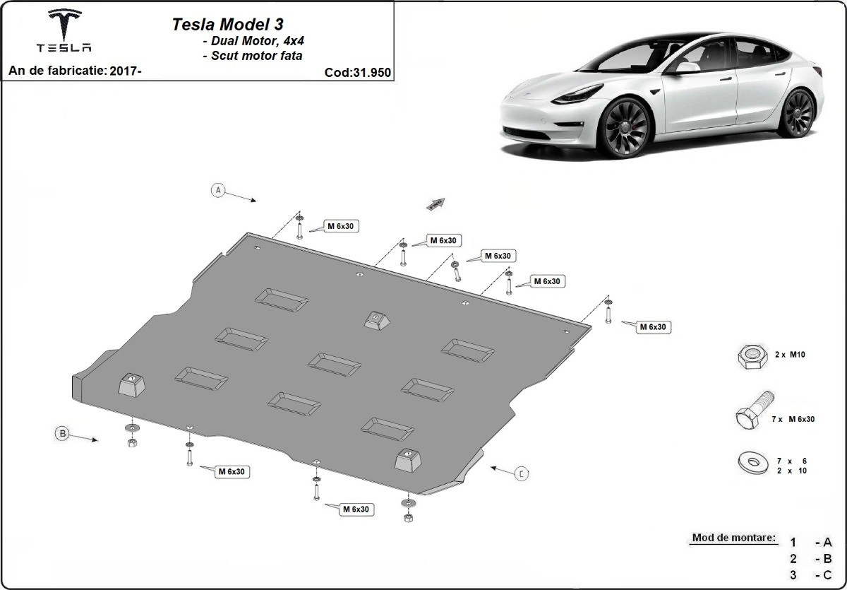 Bunnplate stål Tesla Model 3 2017 -> / Tesla Model Y 2020 - 2025 │ Elektrisk motor foran - AWD Beskyttelse deksel under elmotor – bilde 2