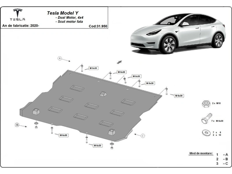 Bunnplate stål Tesla Model 3 2017 -> / Tesla Model Y 2020 - 2025 │ Elektrisk motor foran - AWD Beskyttelse deksel under elmotor – bilde 3