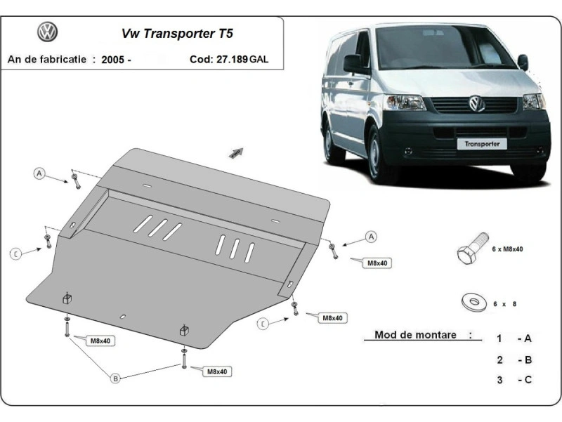 Bunnplate stål Transporter T5 / Transporter T6 / Transporter T6.1 | Motordeksel - Beskyttelse deksel under motor – bilde 2