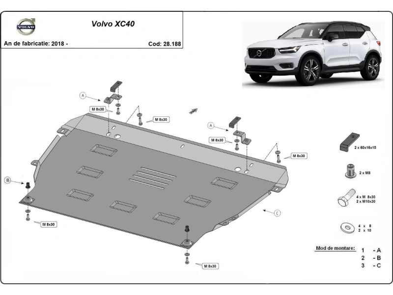 Bunnplate stål Volvo XC40 2017 -> / Volvo C40 2021 -> | Motordeksel - Beskyttelse deksel under motor – bilde 2