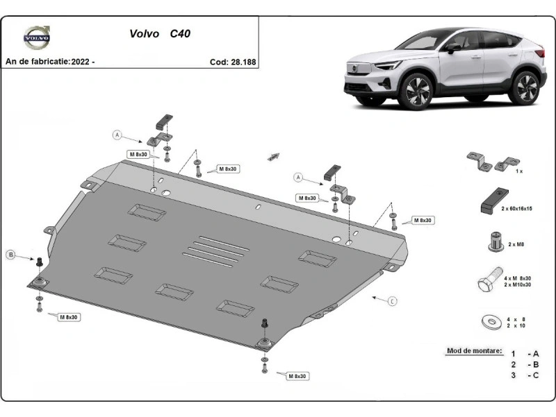 Bunnplate stål Volvo XC40 2017 -> / Volvo C40 2021 -> | Motordeksel - Beskyttelse deksel under motor – bilde 3