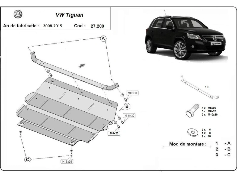 Bunnplate stål VW Tiguan 2007 - 2015 | Motordeksel - Beskyttelse deksel under motor – bilde 2