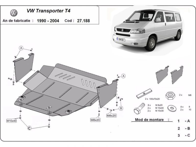 Bunnplate stål VW Transporter T4 Caravelle 1990 - 2003 / VW Transporter T4 1990 - 2003 | Motordeksel - Beskyttelse deksel under motor – bilde 2