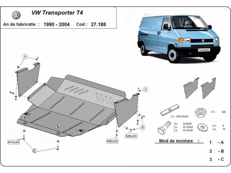 Bunnplate stål VW Transporter T4 Caravelle 1990 - 2003 / VW Transporter T4 1990 - 2003 | Motordeksel - Beskyttelse deksel under motor – bilde 9