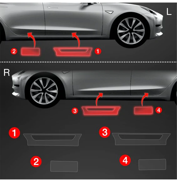 Dørbeskyttere Tesla Model 3 2017 - 2023 │ Beskyttelse Dørterskler PPF beskyttelsesfolie Gjennomsiktig BodyShield – bilde 2